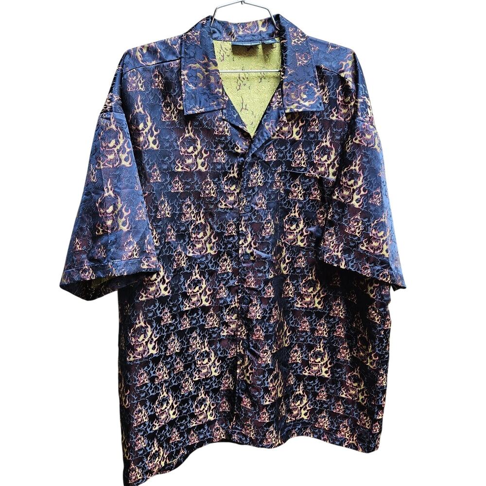 odo Men's Shirt XLarge Fire Skull Button Down Camp Shirt Stage Costume
